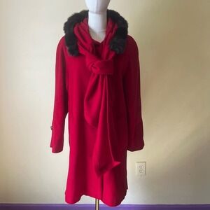 Vintage Dennis Basso Red Wool Cashmere Coat Hooded Faux Fur Trim Scarf Small